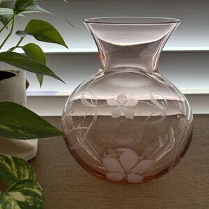 Vintage Pink Glass Etched Flower Vase